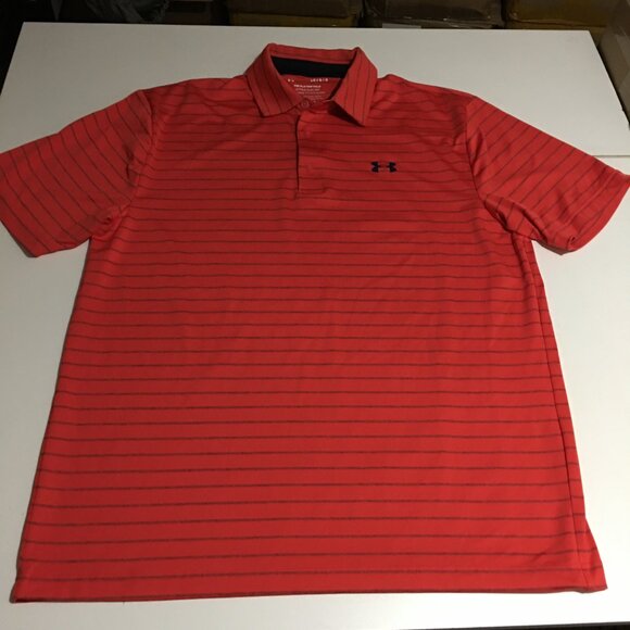 Under Armour Mens Large Polo Shirt Red Striped The Playoff Heatgear Loose - Picture 1 of 6